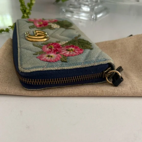 Gucci GG Marmont Floral Embroidered Matelasse Denim Zip Around Wallet - Picture 3 of 13